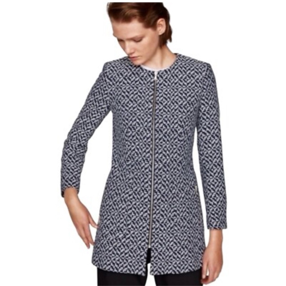 Zara - Padded Shoulder Tweed Full Zip Coat in Navy Blue/White Size L Women’s